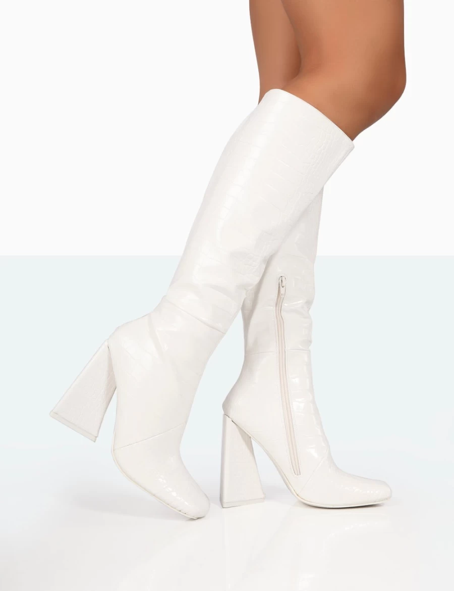 Public Desire Women's White Senna Knee High Croc Embossed Block Heel Boots