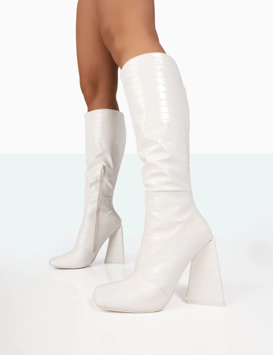 Public Desire Women's White Senna Knee High Croc Embossed Block Heel Boots
