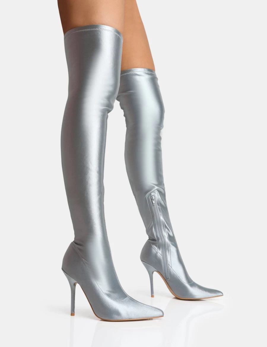 Public Desire Women's Silver Instinct Pointed Toe Stiletto Thigh High Boots