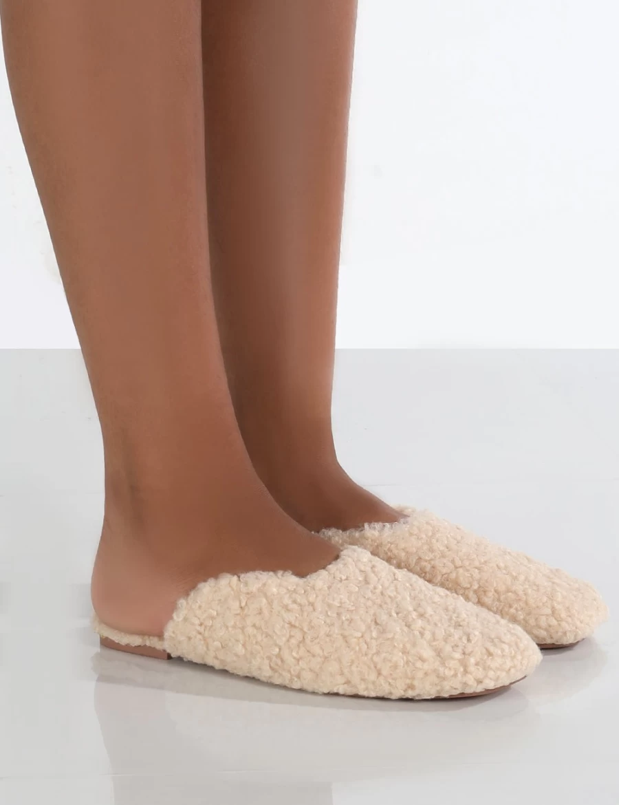 Public Desire Women's Nude Natural Teddy Slip On Slippers - Cozy Plush House Shoes