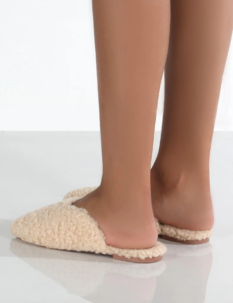 Public Desire Women's Nude Natural Teddy Slip On Slippers - Cozy Plush House Shoes