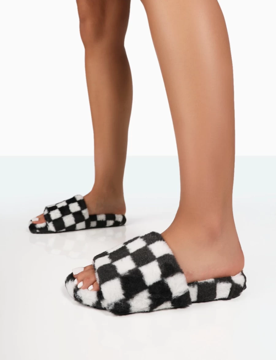 Public Desire Women's Black Fluffy Faux Fur Checkerboard Slide Slippers - Happy & White Pattern