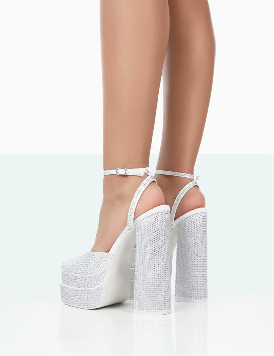 Public Desire Women's White Moonchild Wide Fit Diamante Satin Platform Heels - Statement Closed Toe Block Heels