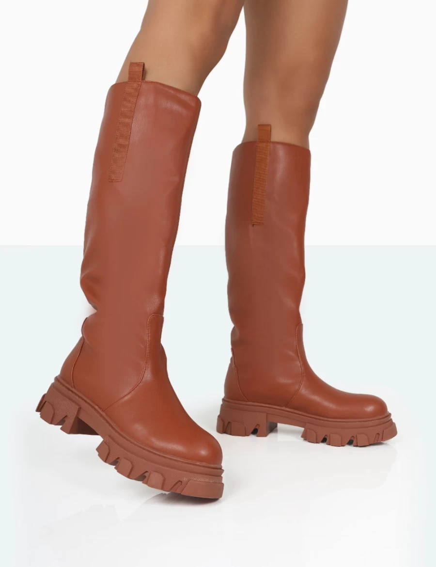 Public Desire Women's Tan Tobacco PU Knee High Chunky Sole Boots Genius Collection