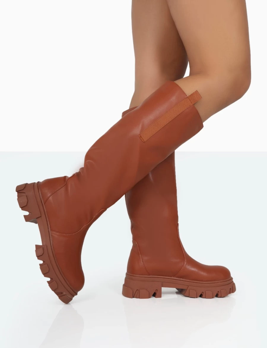 Public Desire Women's Tan Tobacco PU Knee High Chunky Sole Boots Genius Collection
