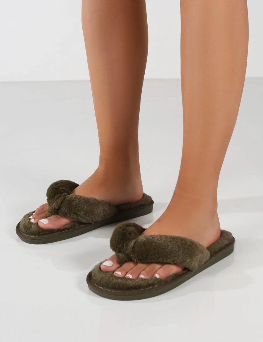 Women's Khaki Green Faux Fur Slippers with Thong Strap - Public Desire