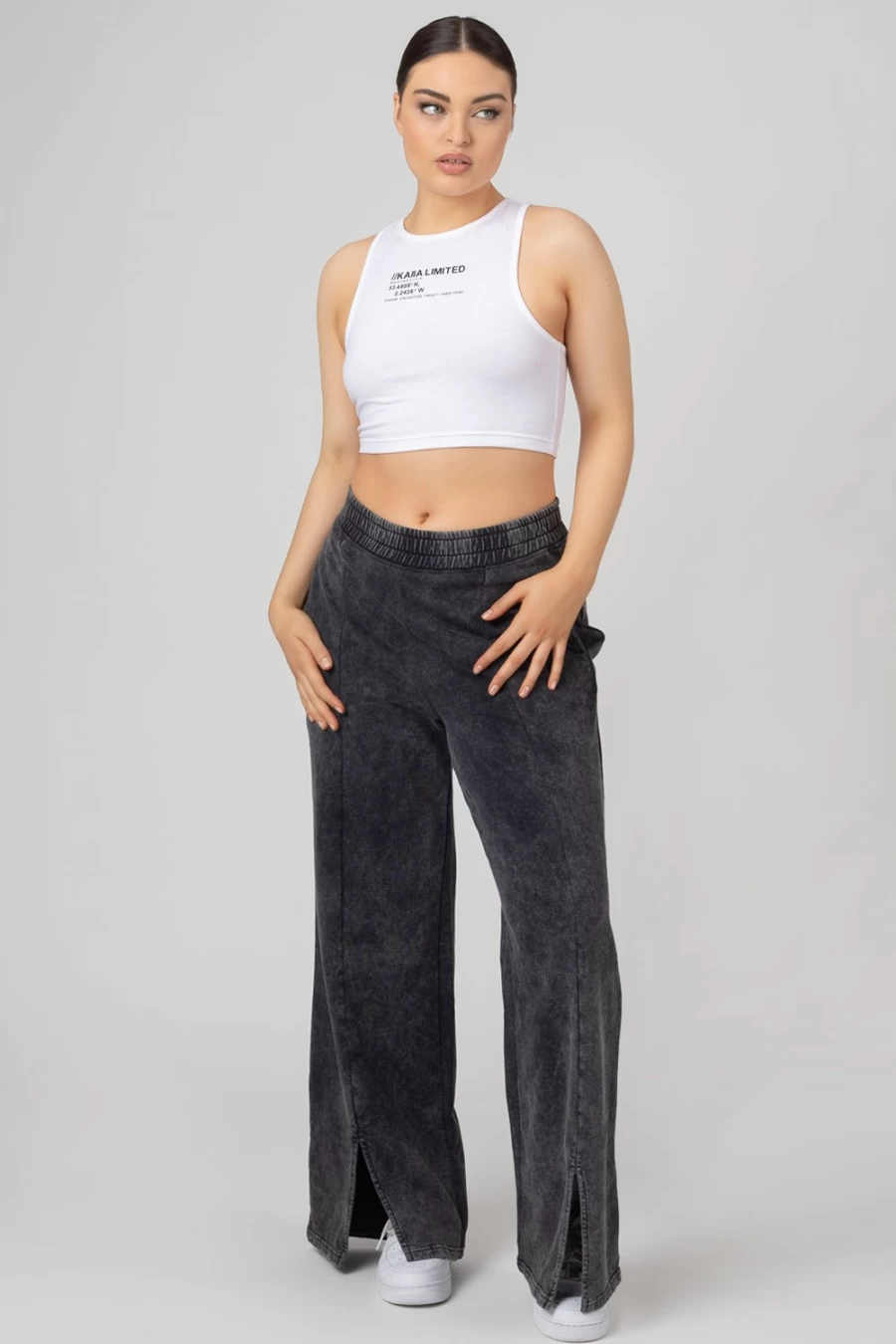 Women's Grey Acid Wash Oversized Wide Leg Joggers with Split Front Seam Detail - Public Desire