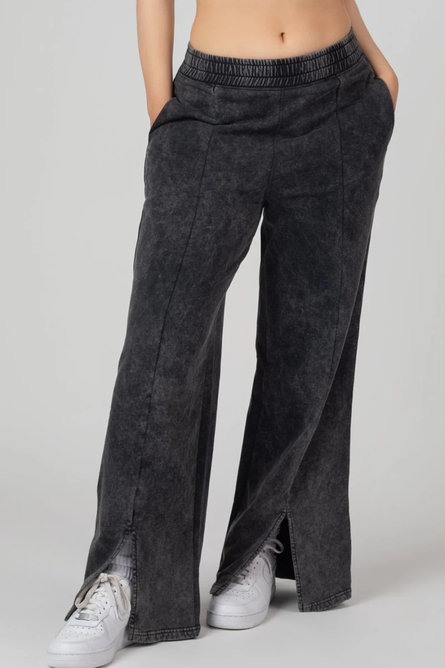 Women's Grey Acid Wash Oversized Wide Leg Joggers with Split Front Seam Detail - Public Desire