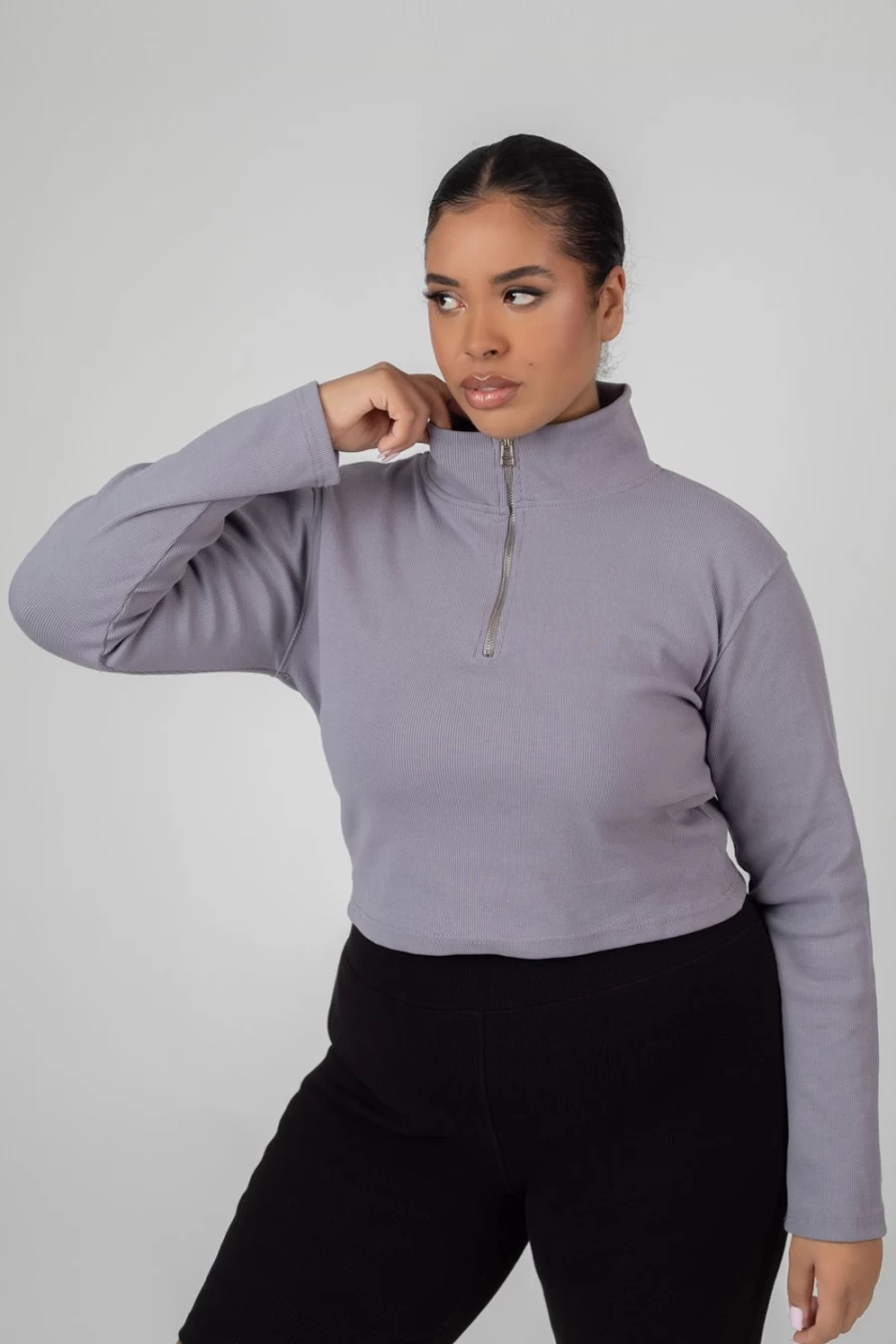 Public Desire Women's Grey Acid Wash High Neck Half Zip Pullover Top