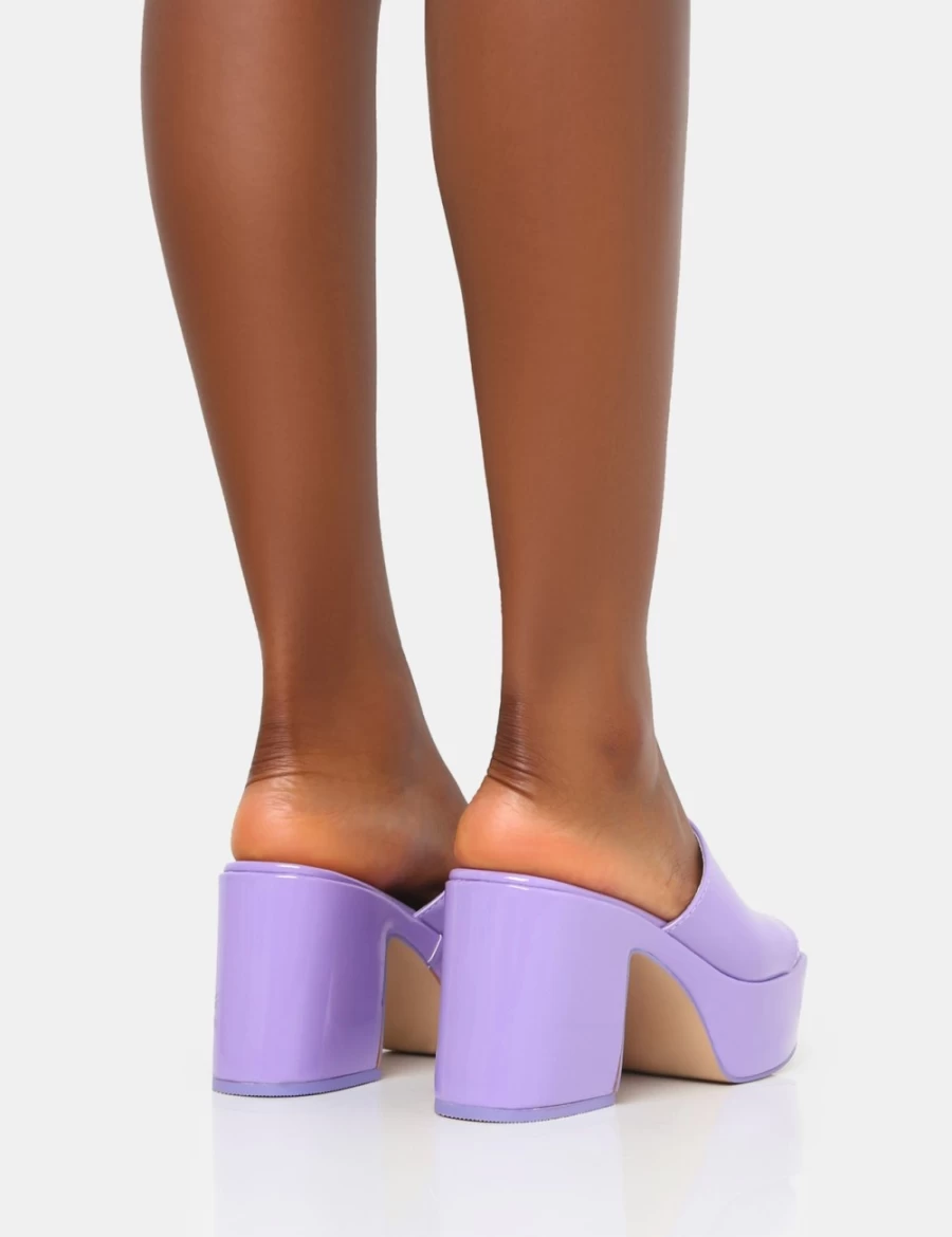 Public Desire Lilac Ariel Patent Mule Chunky Mid Heel Platform Shoes for Women