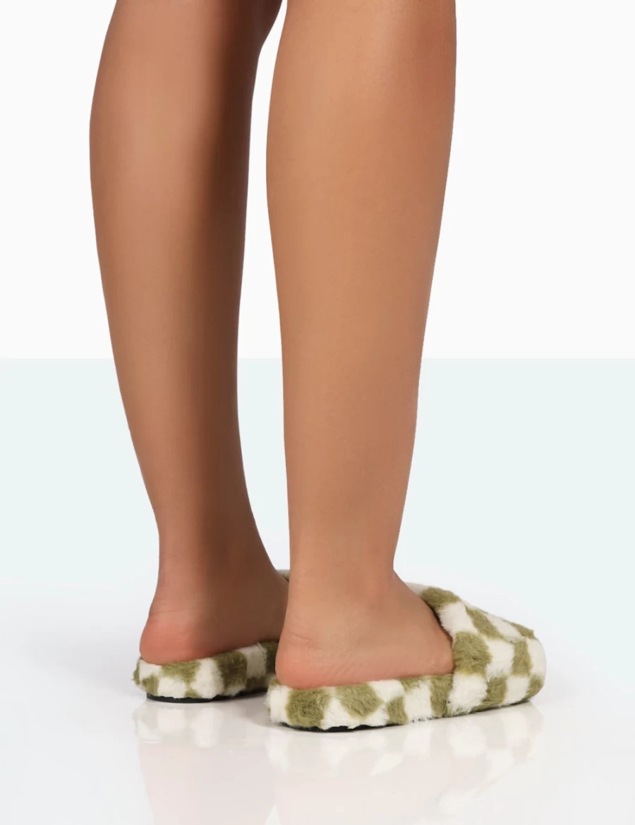 Public Desire Women's Green Checkerboard Fluffy Faux Fur Slide Slippers - Happy & White Design