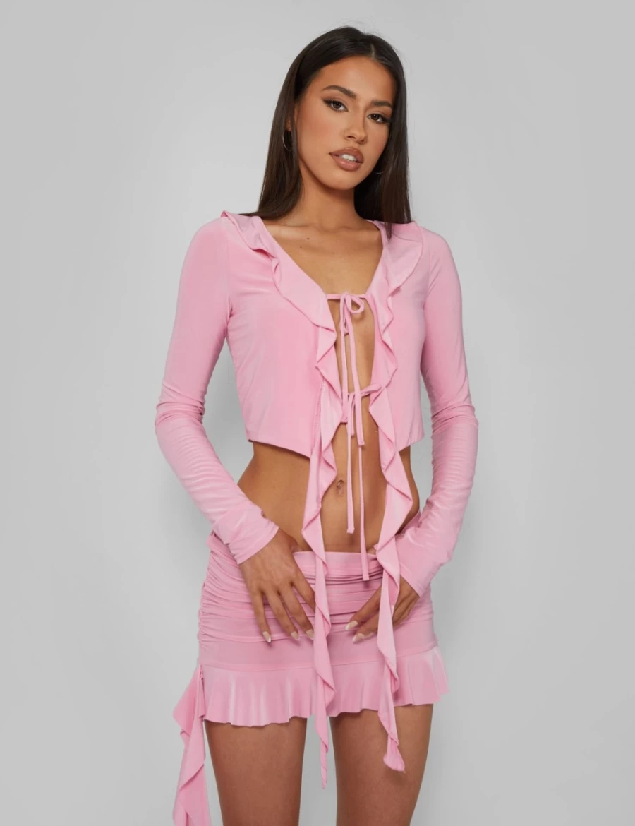 "Public Desire Women's Pink Frill Detail Tie Front Cardigan Top"
