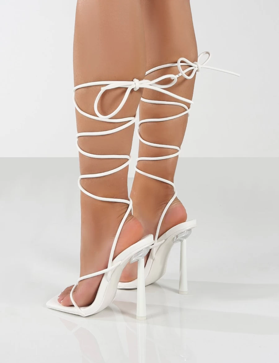 Public Desire Women's White Lacey Wide Fit Square Toe Strappy Lace Up Heels - Chunky High Heel Sandals