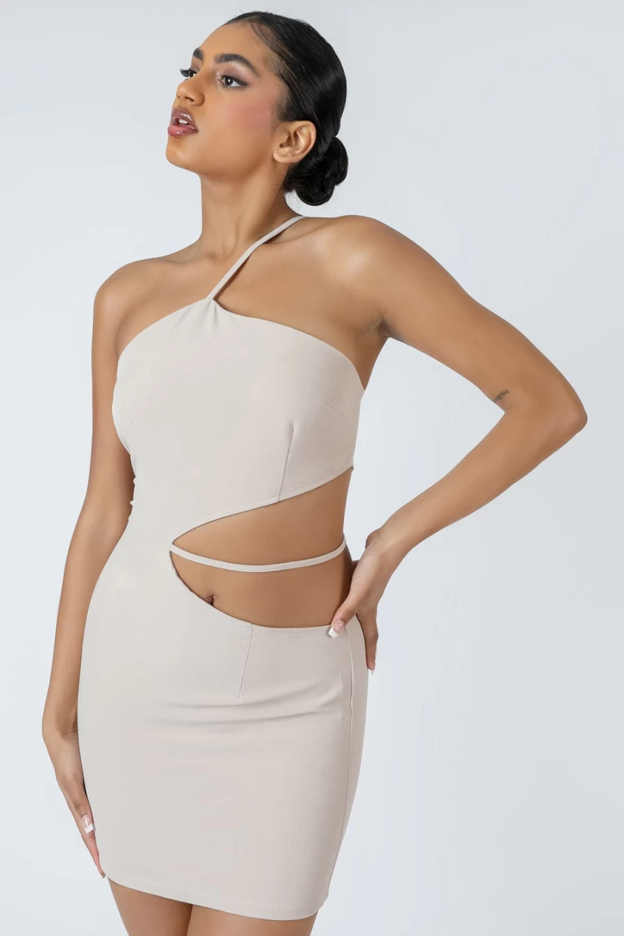 Public Desire Women's Nude Asymmetric Cutout Waist Strappy Mini Dress