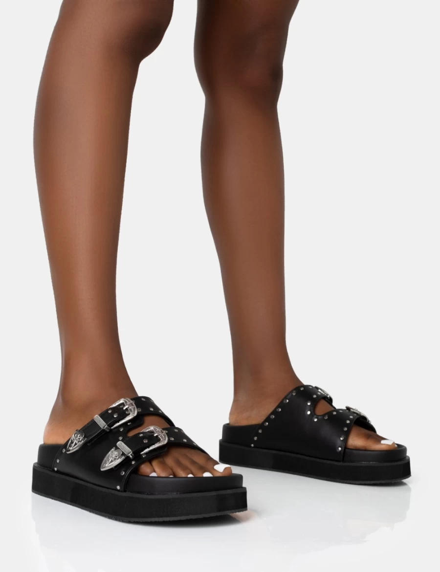 Public Desire Women's Black Western Style Double Strap Slider Sandals