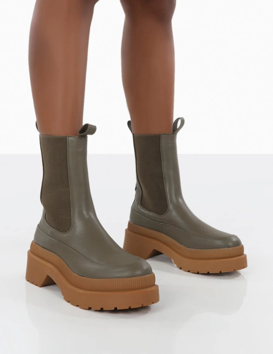 Public Desire Women's Green Khaki Platform Chelsea Boots with Chunky Rubber Sole