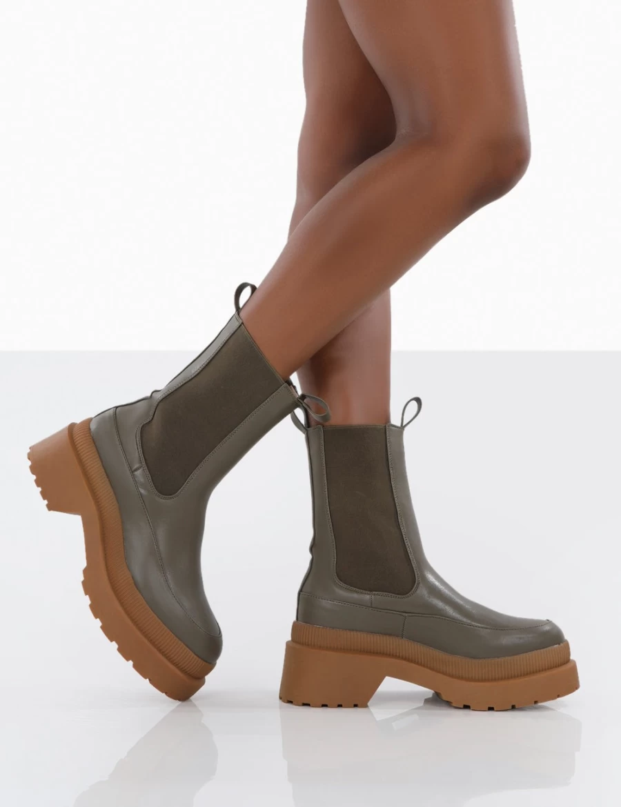 Public Desire Women's Green Khaki Platform Chelsea Boots with Chunky Rubber Sole