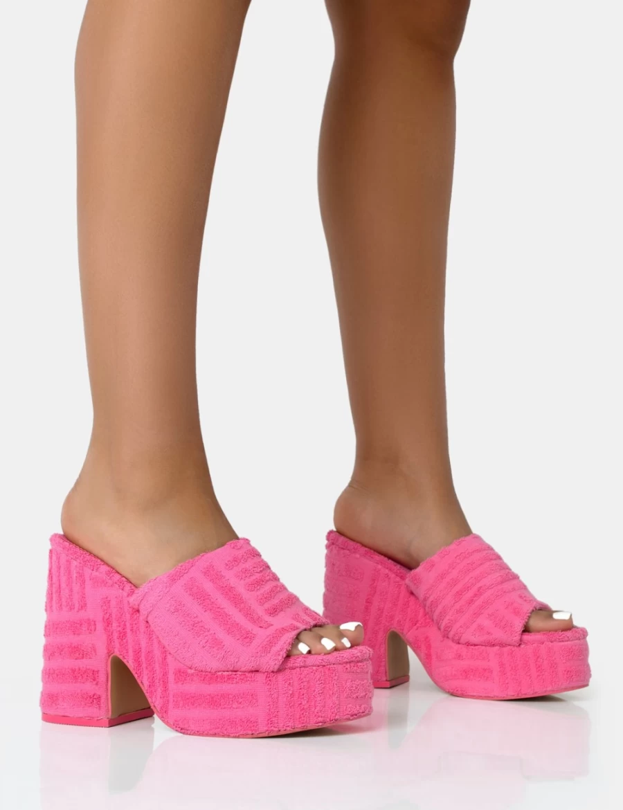 Public Desire Women's Pink Wavez Terry Towel Platform Block Heel Mules Sandals