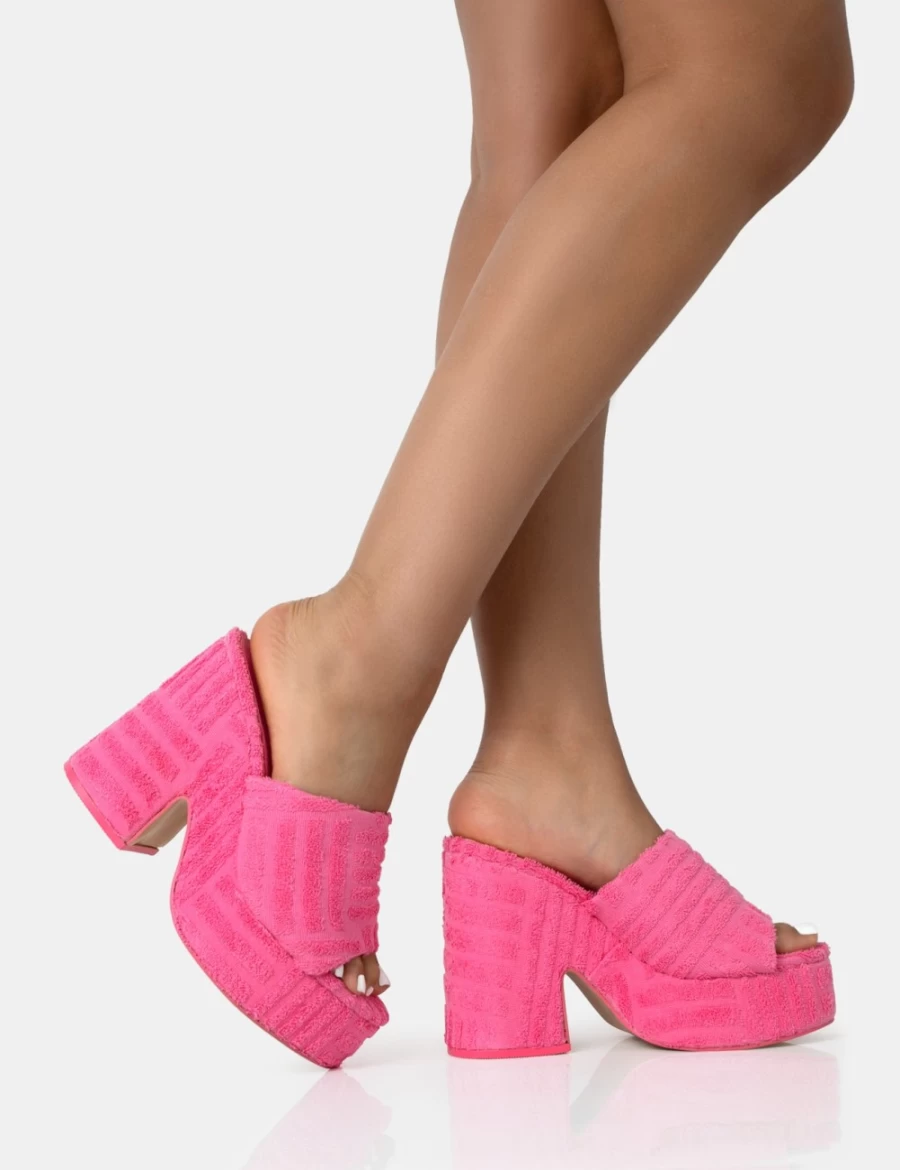 Public Desire Women's Pink Wavez Terry Towel Platform Block Heel Mules Sandals