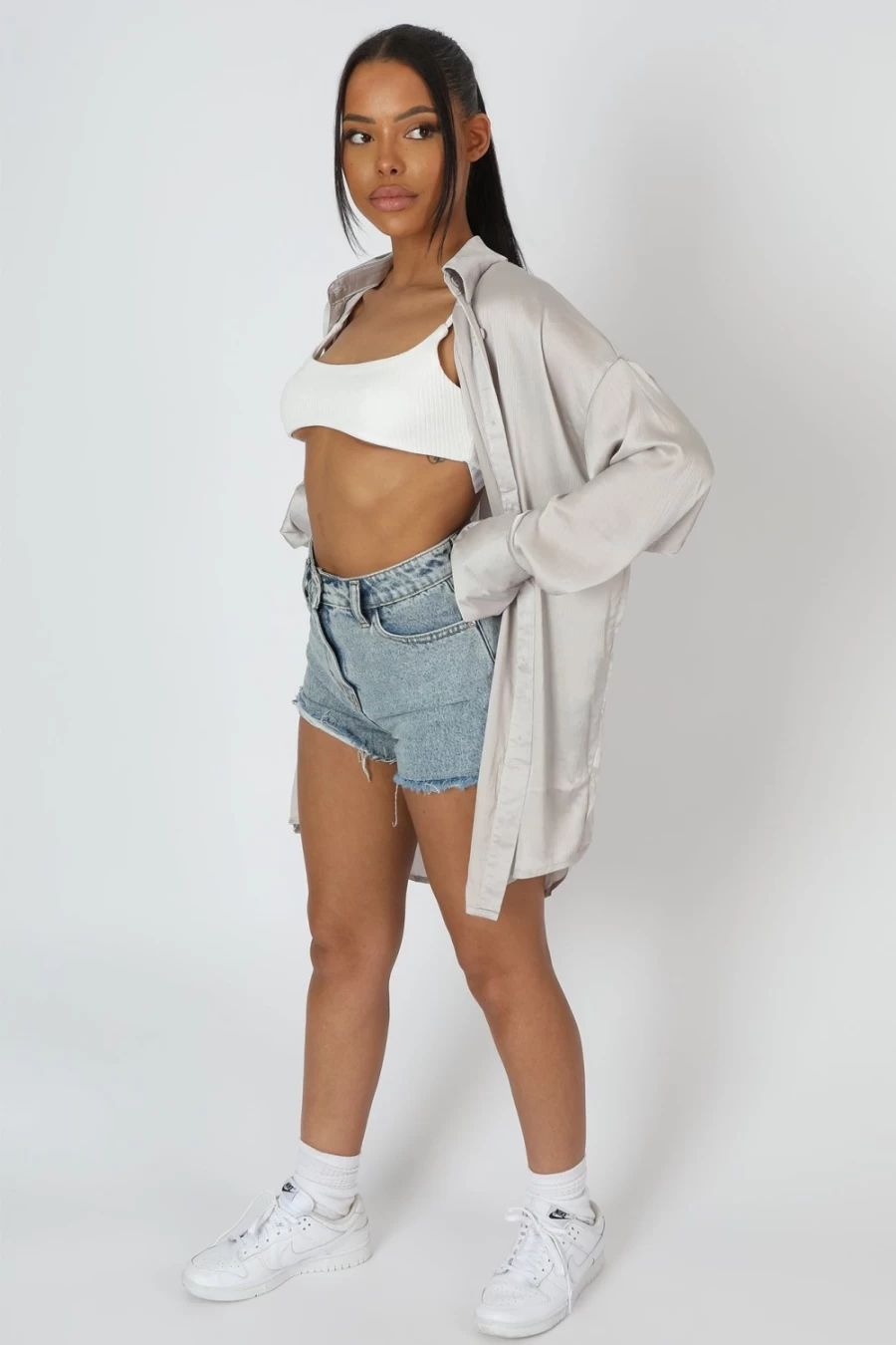 "Public Desire Women's Silver Oversized Satin Shirt – Luxe Shimmer Top"