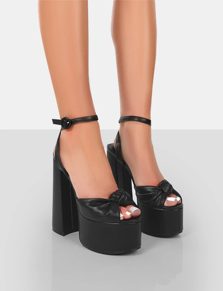 Public Desire Women's Black PU Knotted Platform High Heel Sandals