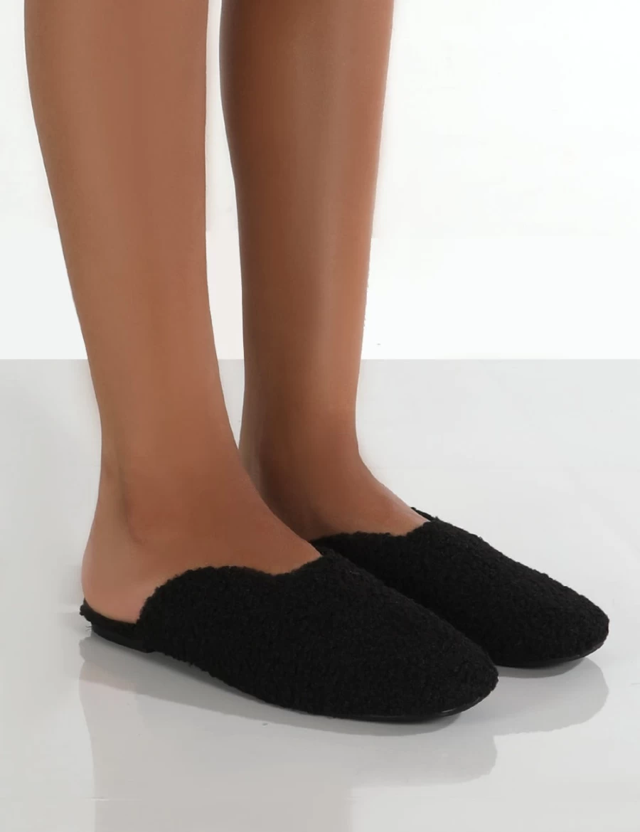 Public Desire Women's Black Teddy Slip-On Slippers - Cozy Plush Slide-On House Shoes