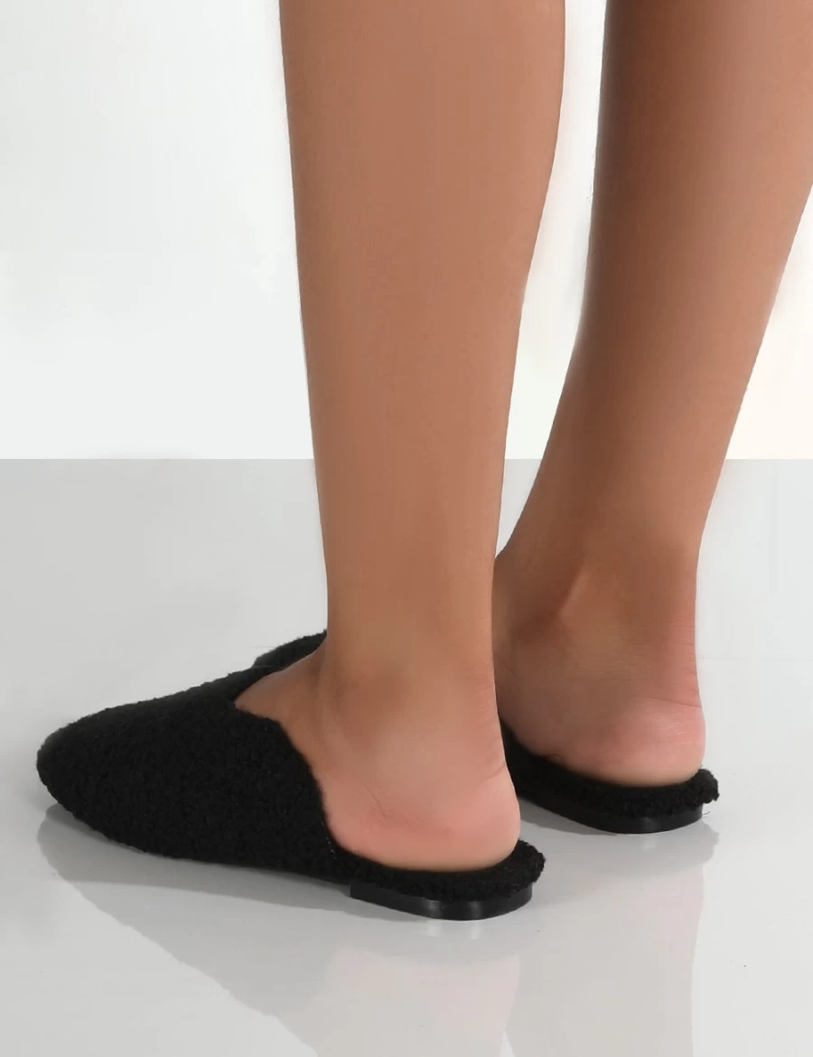 Public Desire Women's Black Teddy Slip-On Slippers - Cozy Plush Slide-On House Shoes