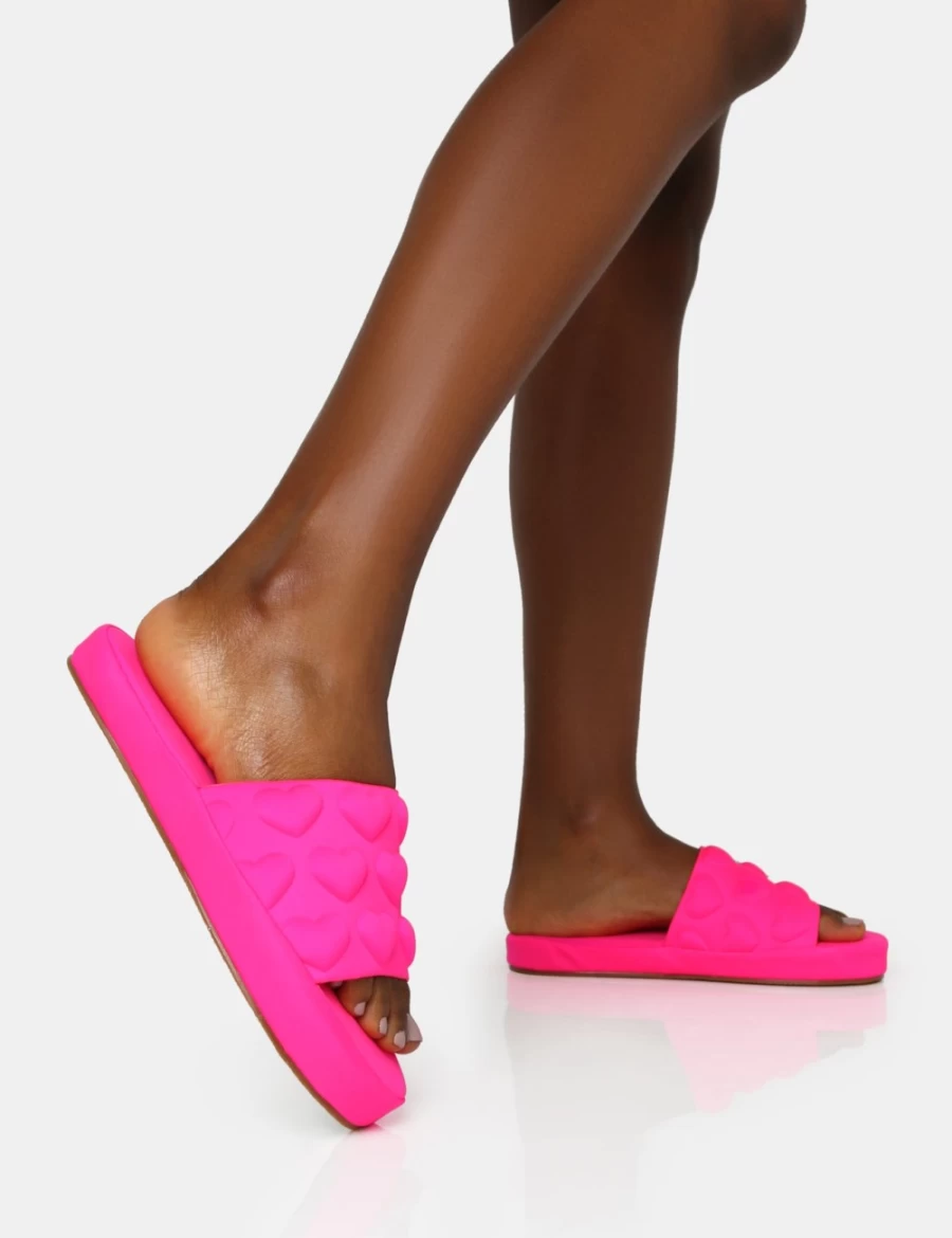 Public Desire Women's Neon Pink Nylon Embossed Heart Slider Sandals - Bestie Summer Slide Shoes