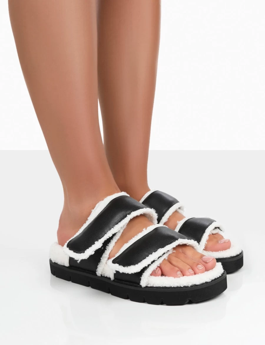 Public Desire Women's Black Faux Fur Slide Sandals - Rinc Pu Style