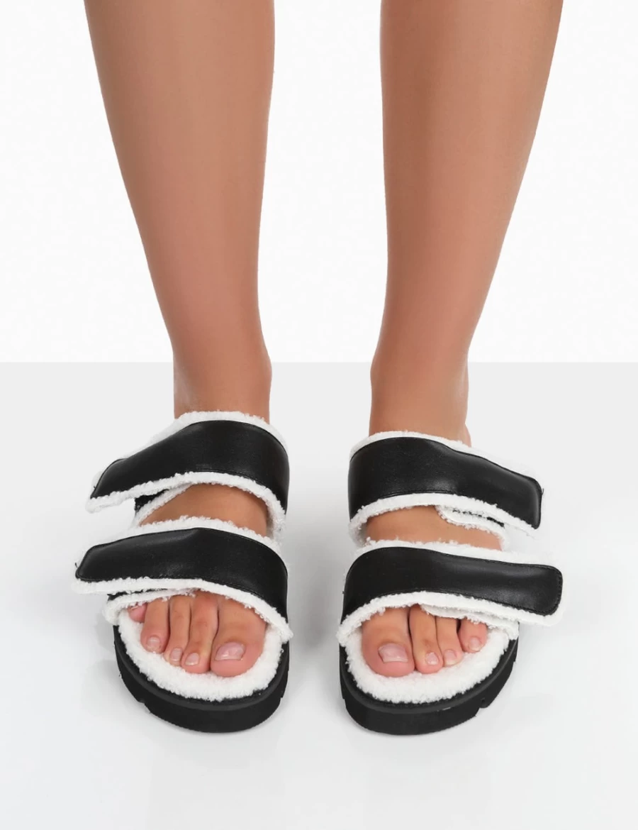 Public Desire Women's Black Faux Fur Slide Sandals - Rinc Pu Style