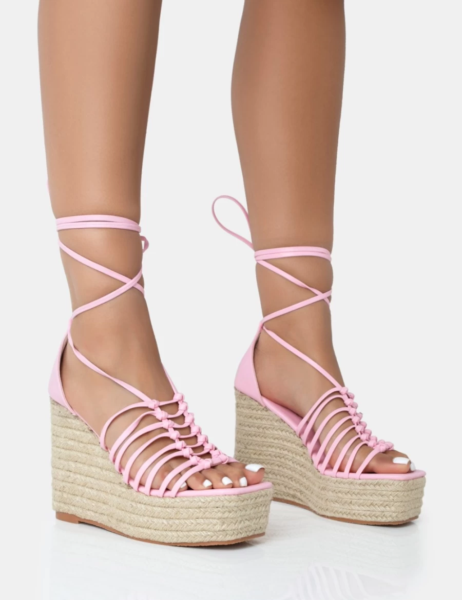 Public Desire Pink Raffia Wedge Heels for Women - Lace Up Strap Design
