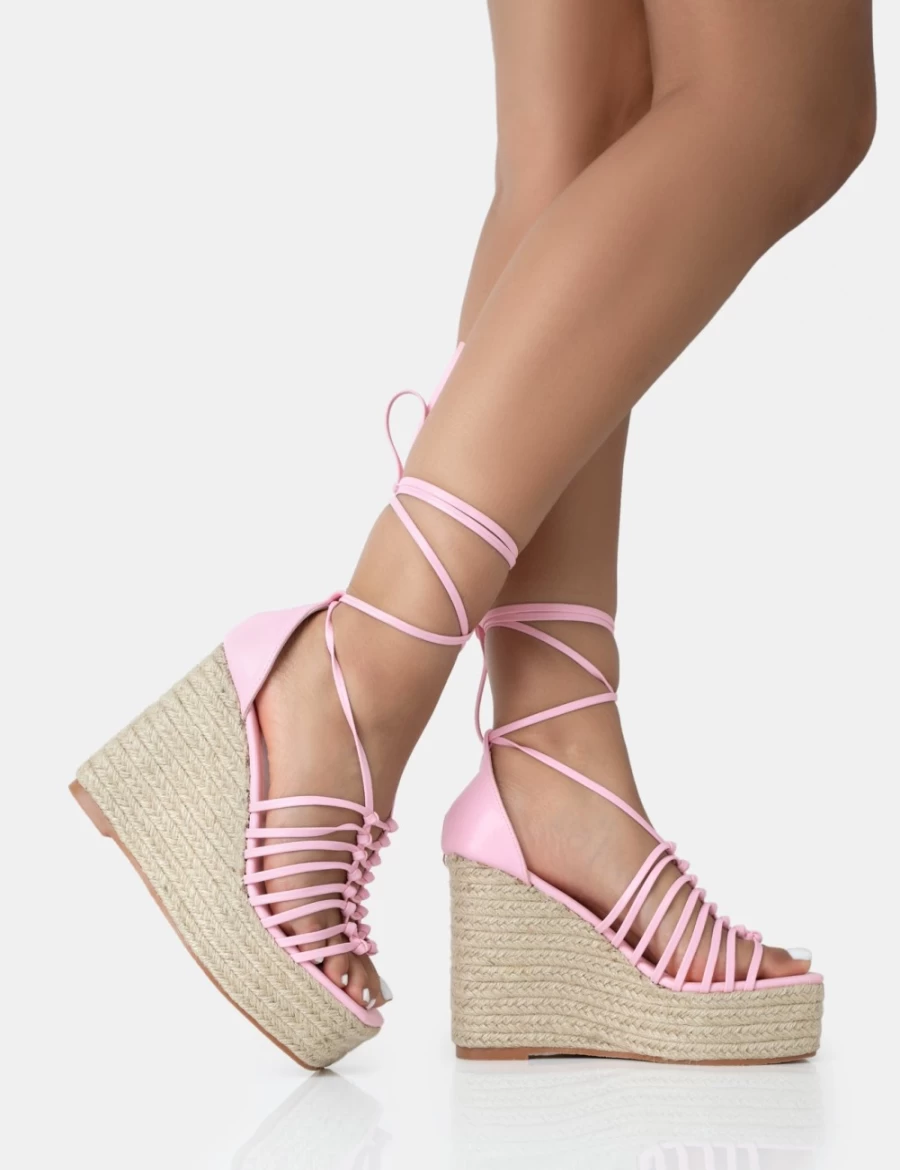Public Desire Pink Raffia Wedge Heels for Women - Lace Up Strap Design