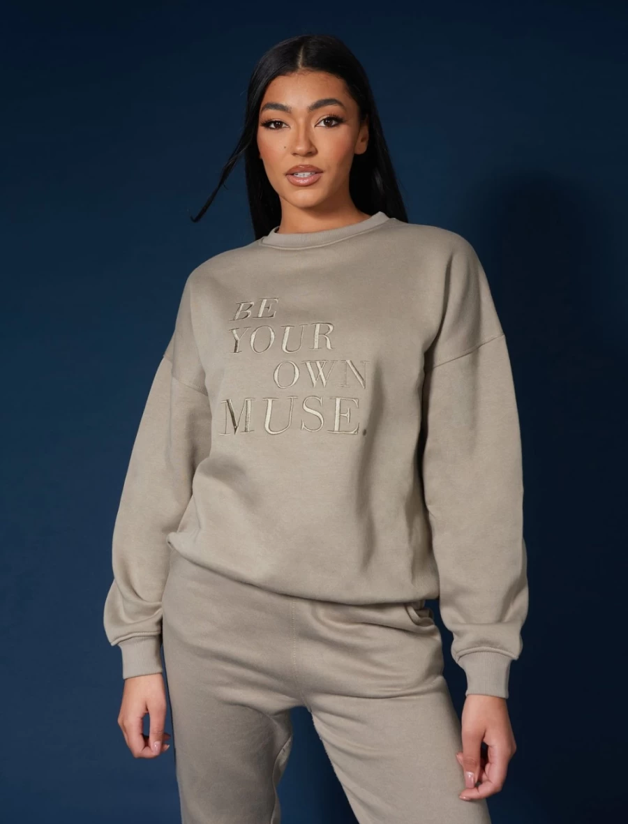 "Public Desire Women's Khaki Embroidered 'Be Your Own Muse' Sweatshirt"