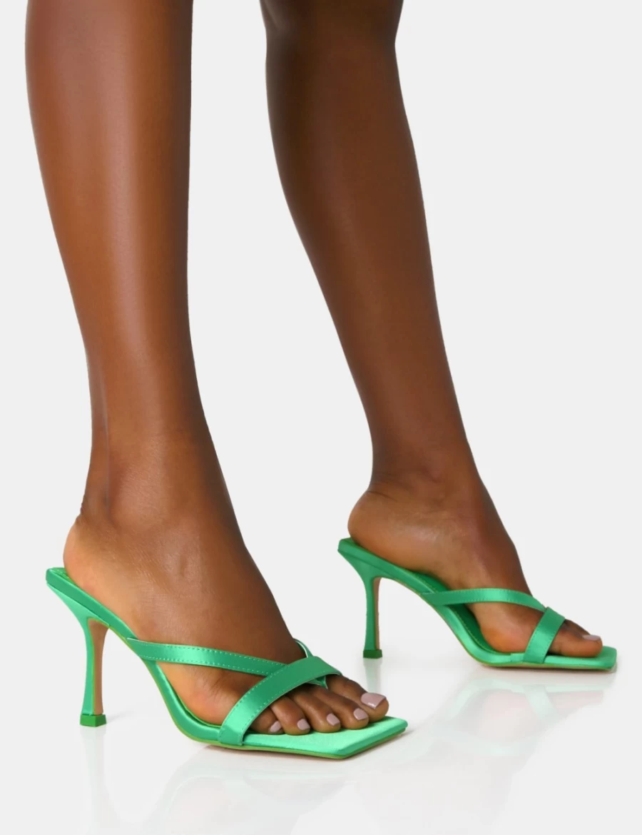 Public Desire Women's Arwen Green Satin Stiletto Heel Toe Post Mules