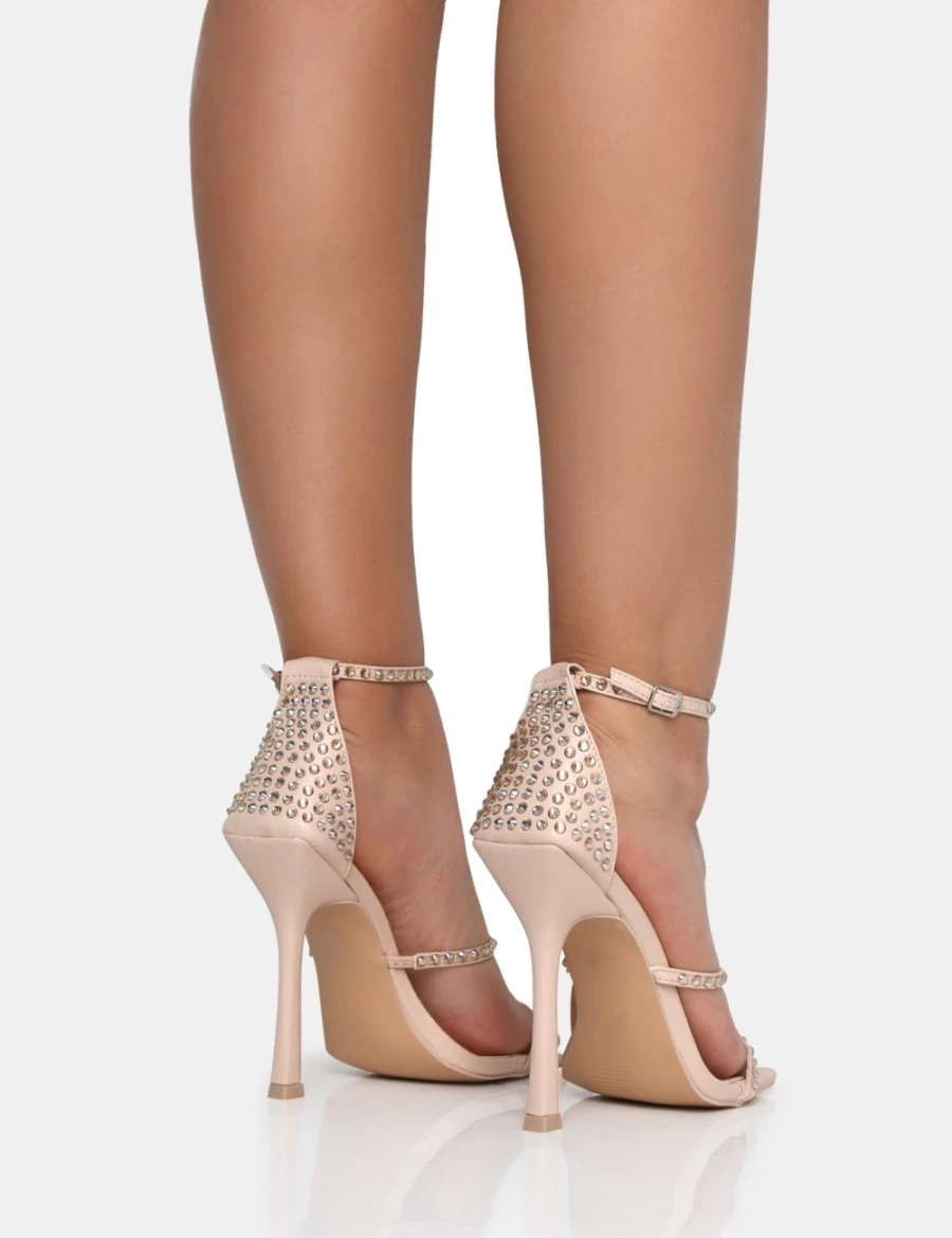 Public Desire Nude Golda Diamante Strappy Stiletto Heels for Women - Barely There Square Toe Sandals