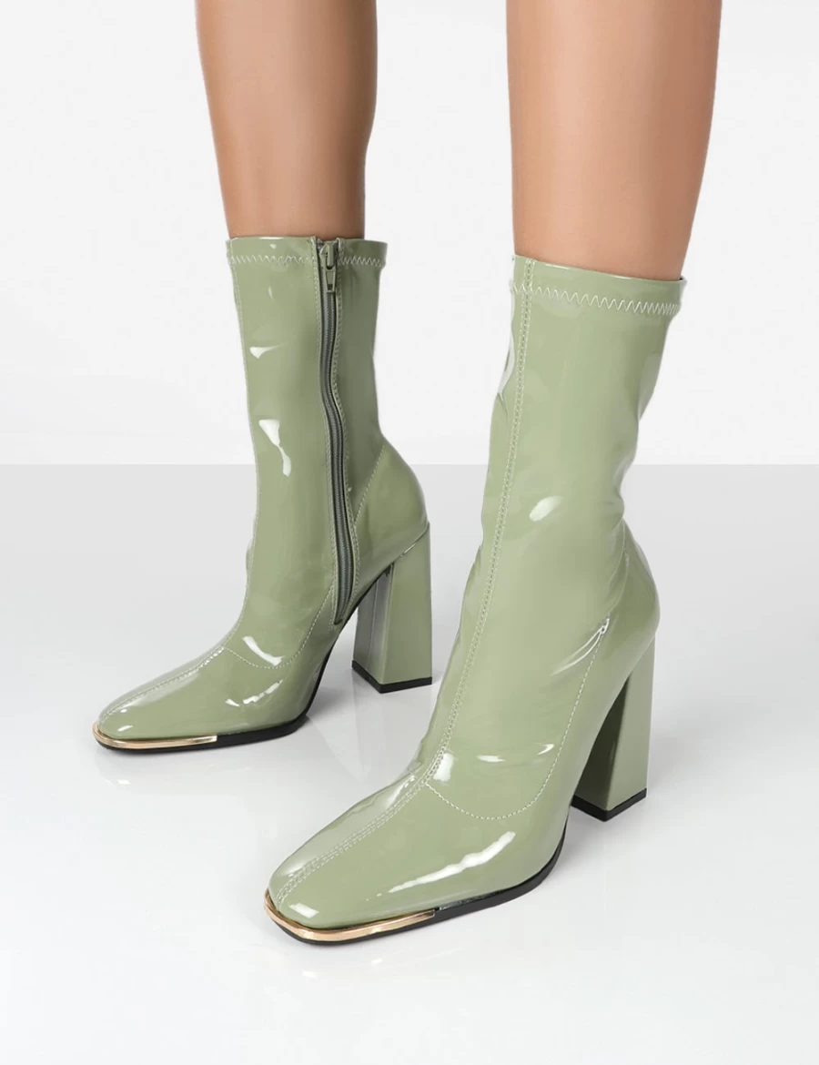 Public Desire Women's Green Liberty PU Sock High Heel Ankle Boots