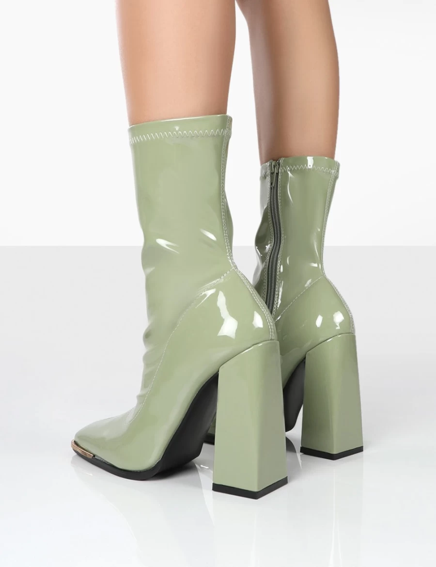 Public Desire Women's Green Liberty PU Sock High Heel Ankle Boots