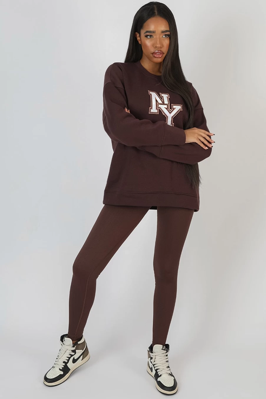 "Public Desire Women's Chocolate Ny Oversized Sweatshirt - Cozy Casual Pullover"