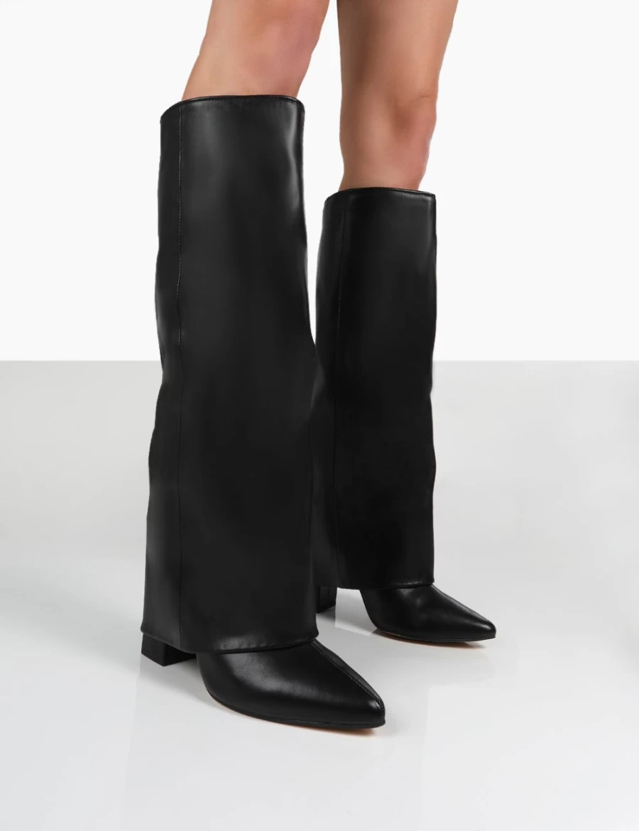 Public Desire Women's Black Knee High Block Heel Boots - Zendaya Pointed Toe Style