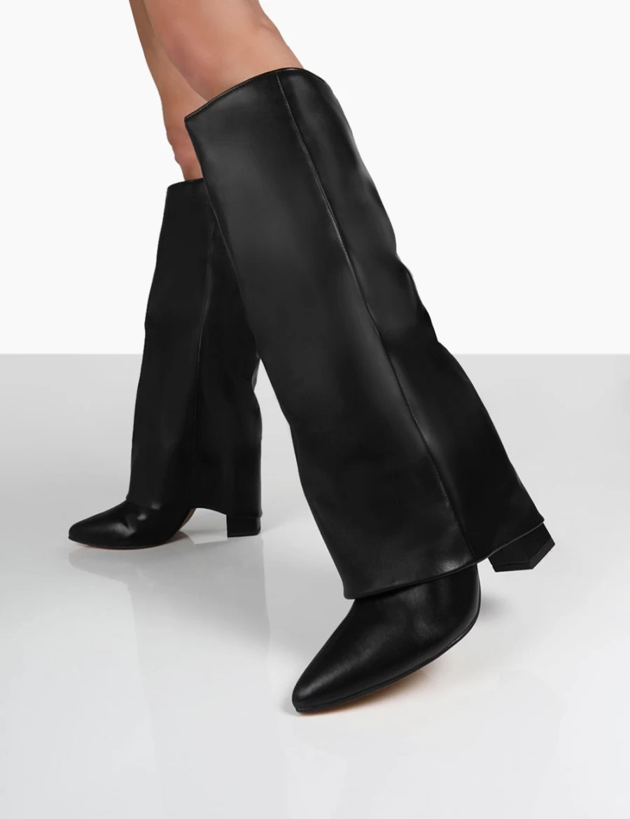 Public Desire Women's Black Knee High Block Heel Boots - Zendaya Pointed Toe Style