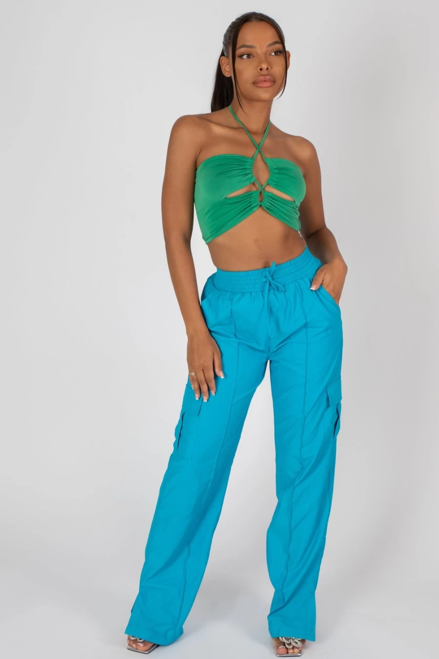 Public Desire Women's Green Slinky Loop Ruching Crop Top