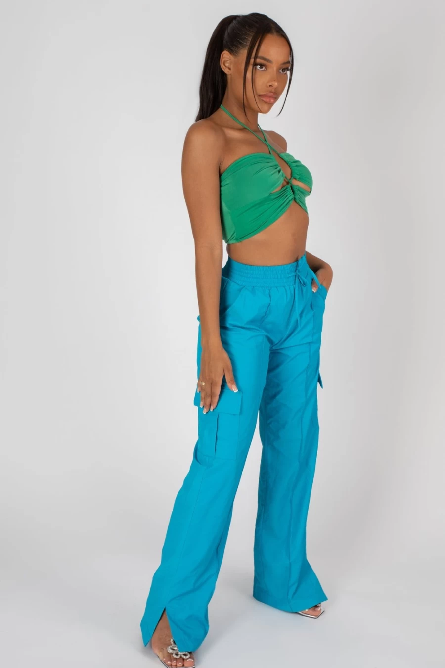 Public Desire Women's Green Slinky Loop Ruching Crop Top