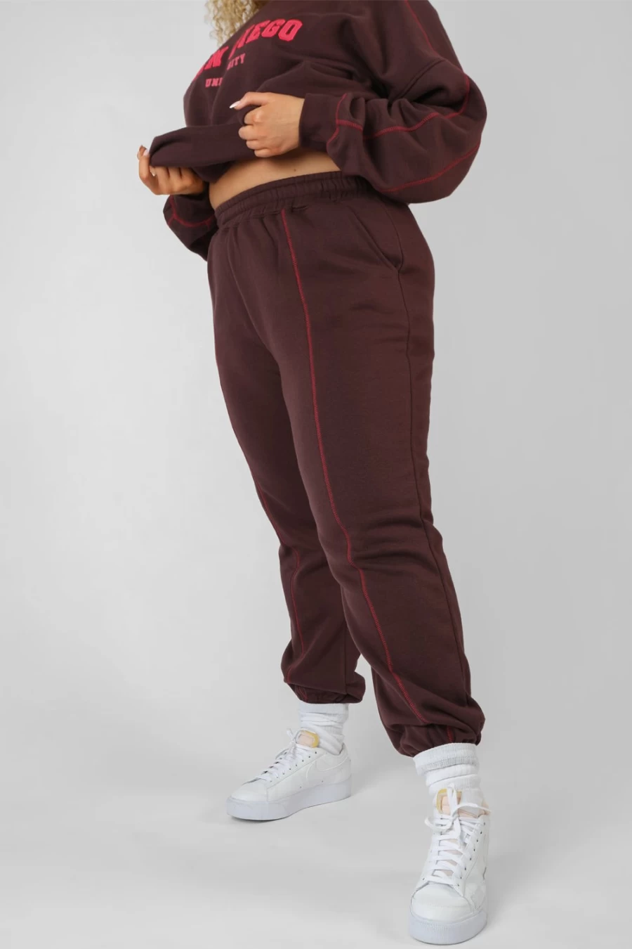 Public Desire Women's Aubergine Curve Contrast Stitch 90's Joggers - Vintage High-Waisted Tapered Sweatpants