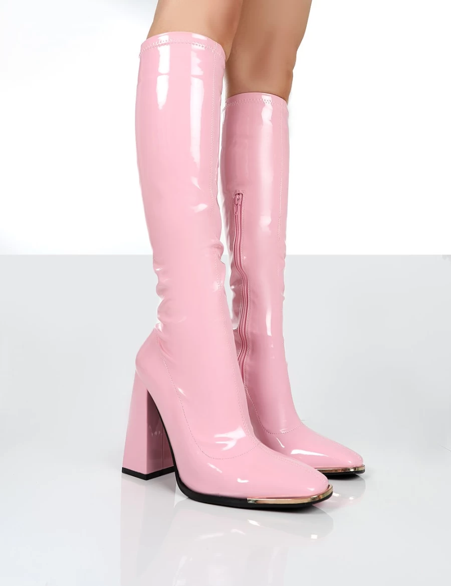 Public Desire Women's Pink Caryn Patent Knee High Heeled Boots