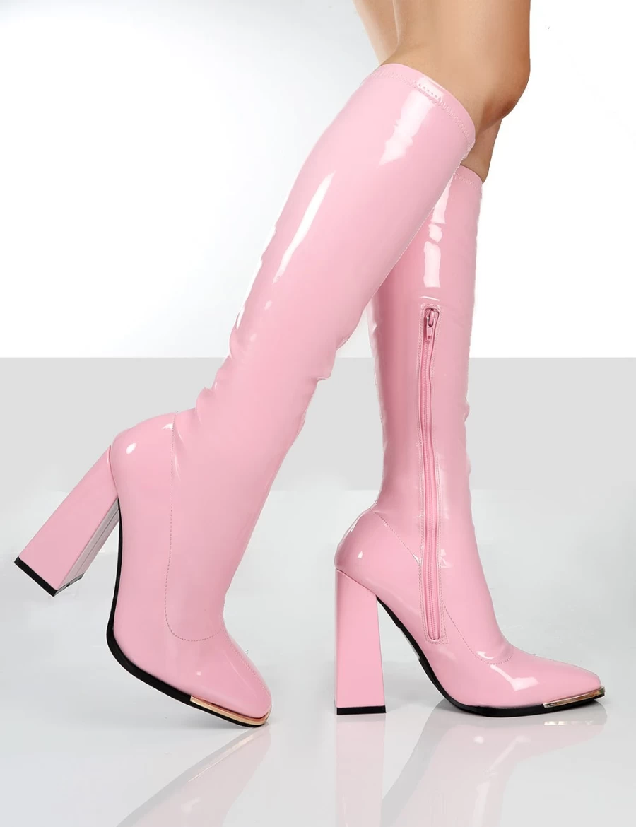 Public Desire Women's Pink Caryn Patent Knee High Heeled Boots