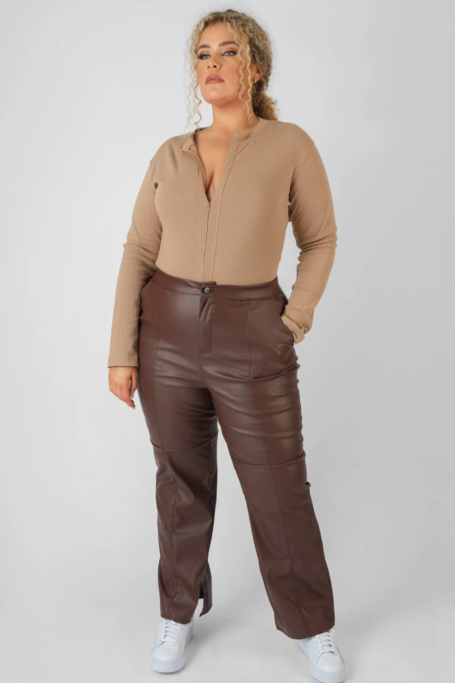 Public Desire Women's Brown Ribbed Bodysuit with Curve Zip Front Detail