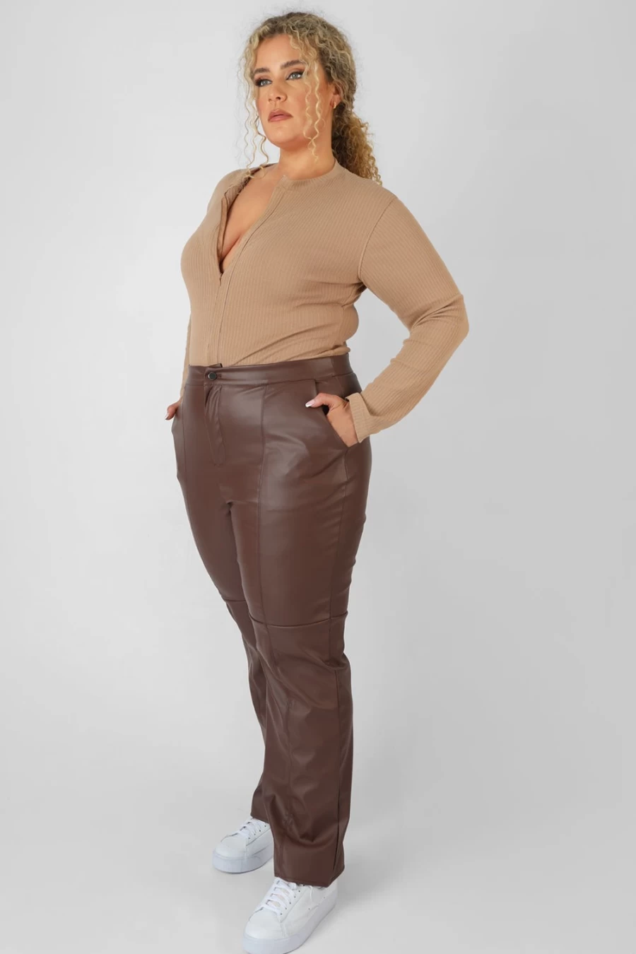 Public Desire Women's Brown Ribbed Bodysuit with Curve Zip Front Detail