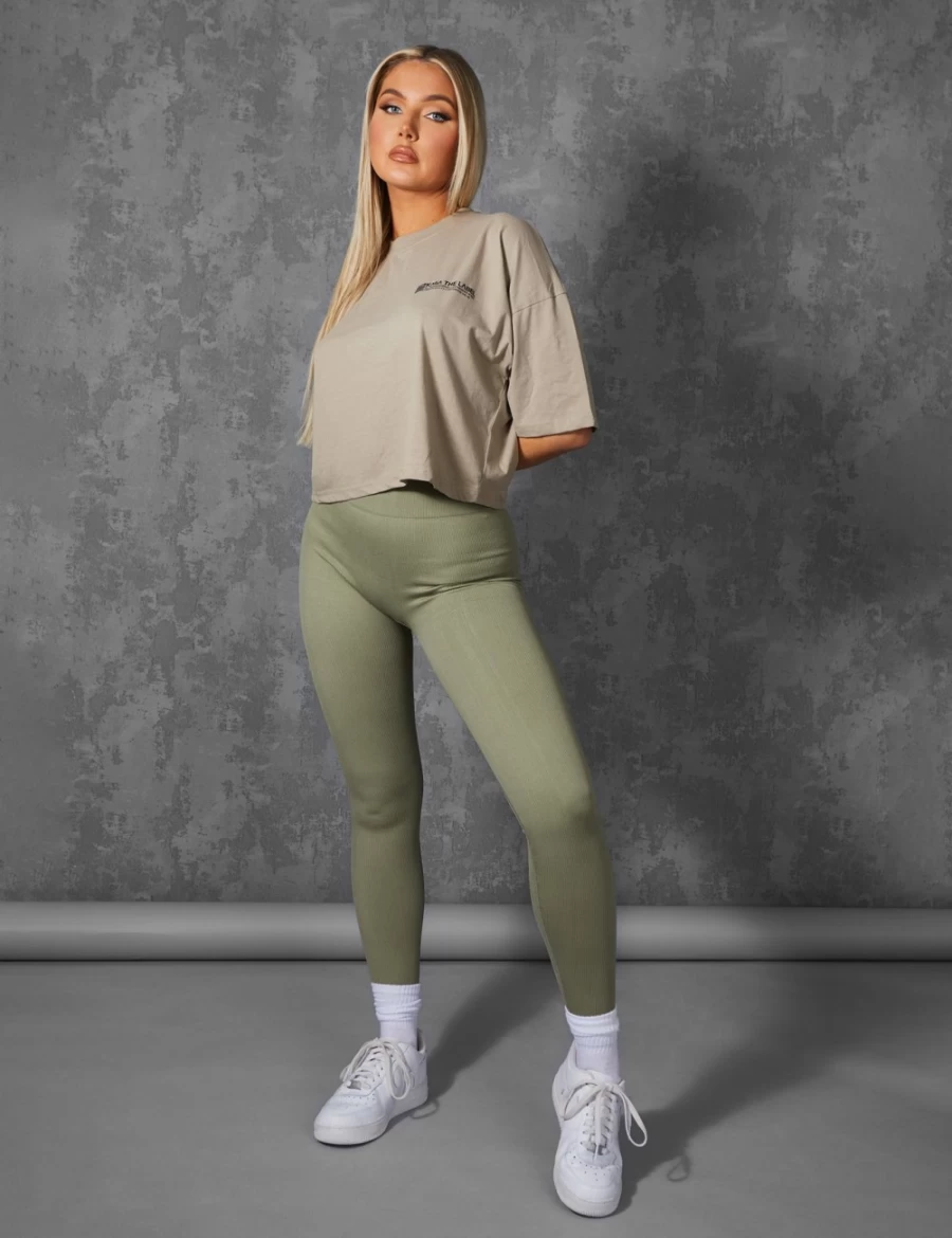 Women's Khaki Oversized Cropped T-Shirt with QR Detail - Public Desire