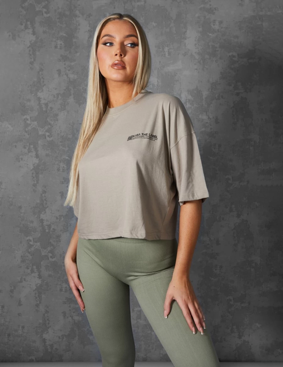Women's Khaki Oversized Cropped T-Shirt with QR Detail - Public Desire