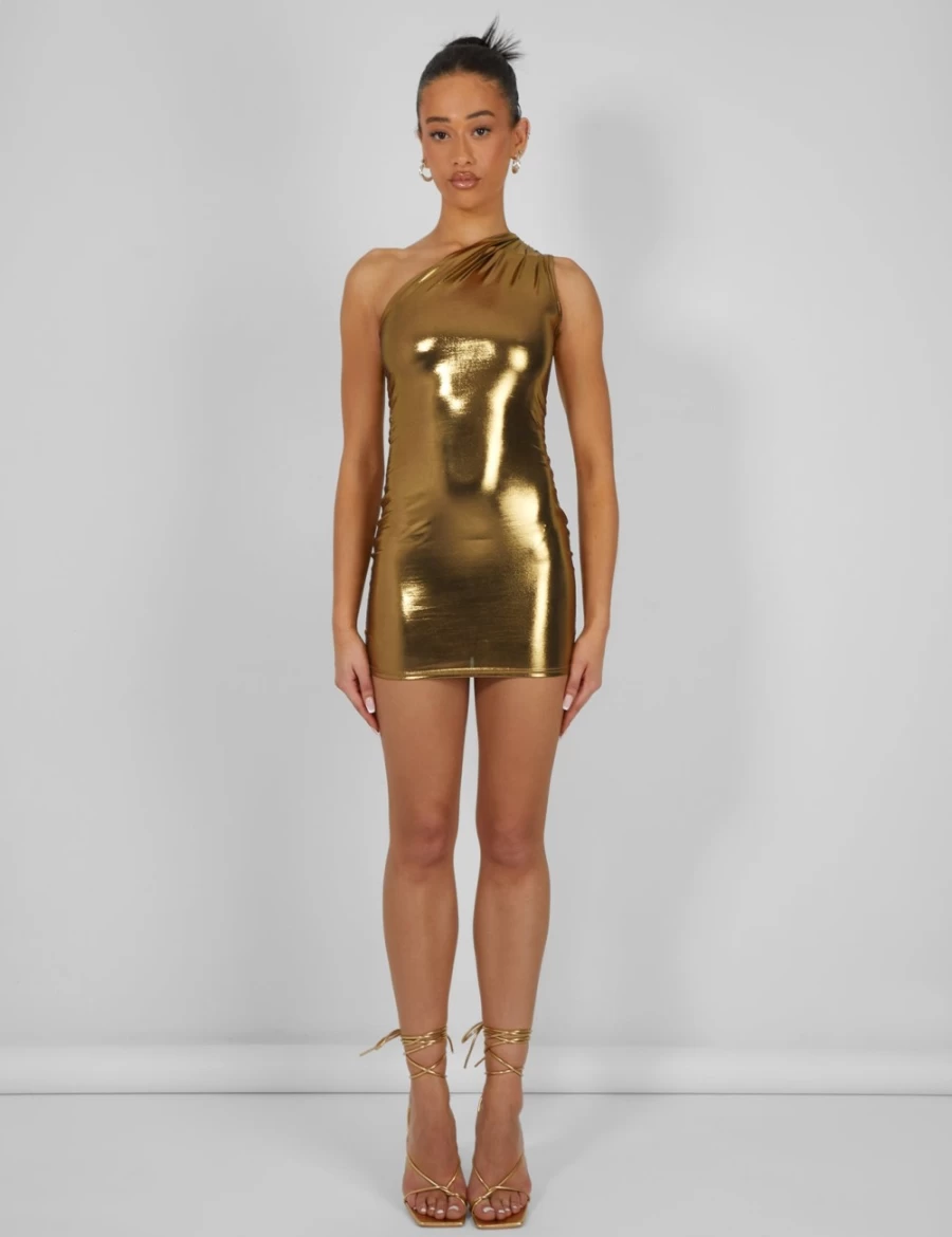 Public Desire Gold One Shoulder Ruched Metallic Mini Dress for Women